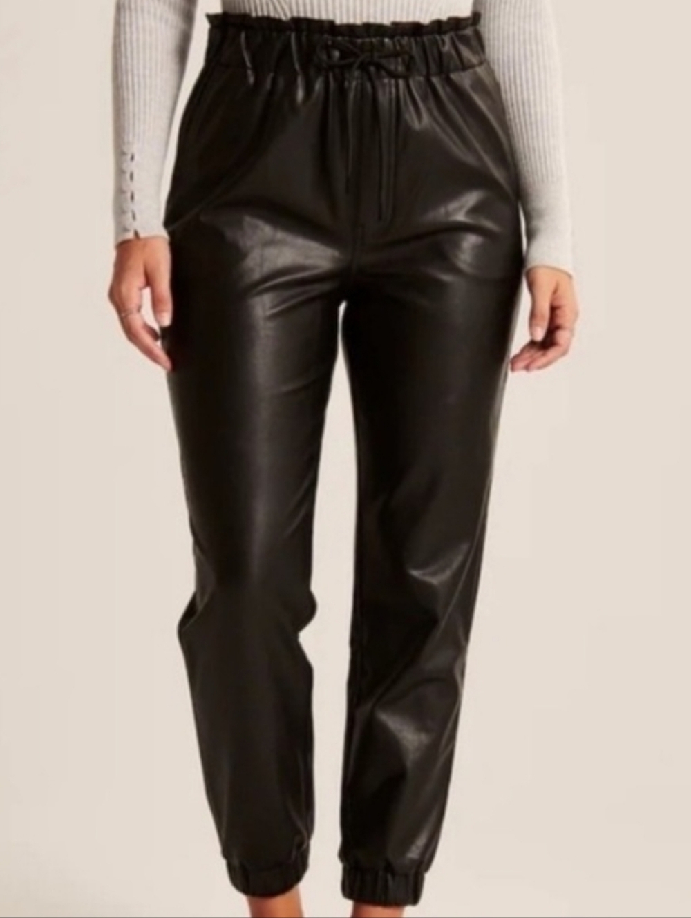 Abercrombie & Fitch Black Faux Leather Joggers with Paperbag Waist, Size XL